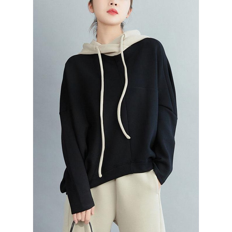 Chic Black Loose Hooded Patchwork Fall Drawstring Sweatshirts Top