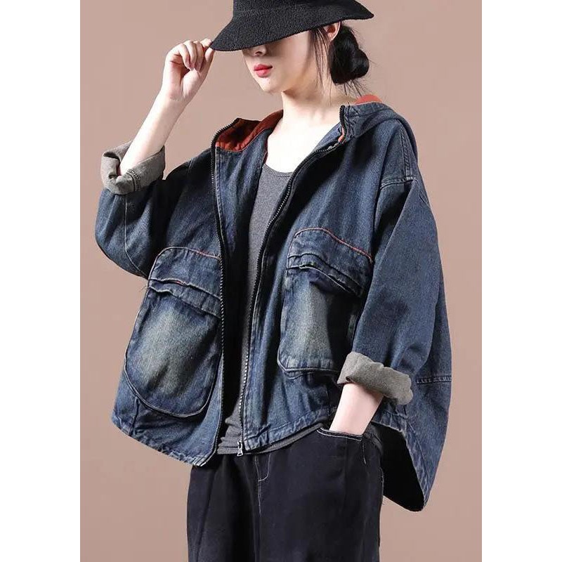 Chic Blue Hooded Pockets zippered Fall Denim Coat Long sleeve