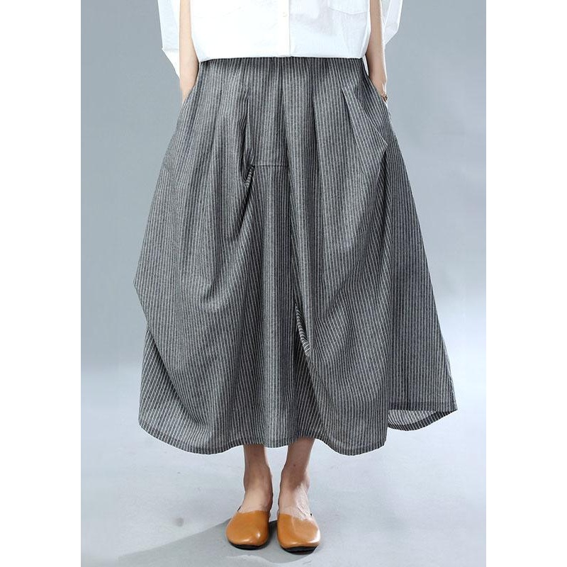 Classy Grey Cinched Wrinkled Pockets Fall Striped Skirt