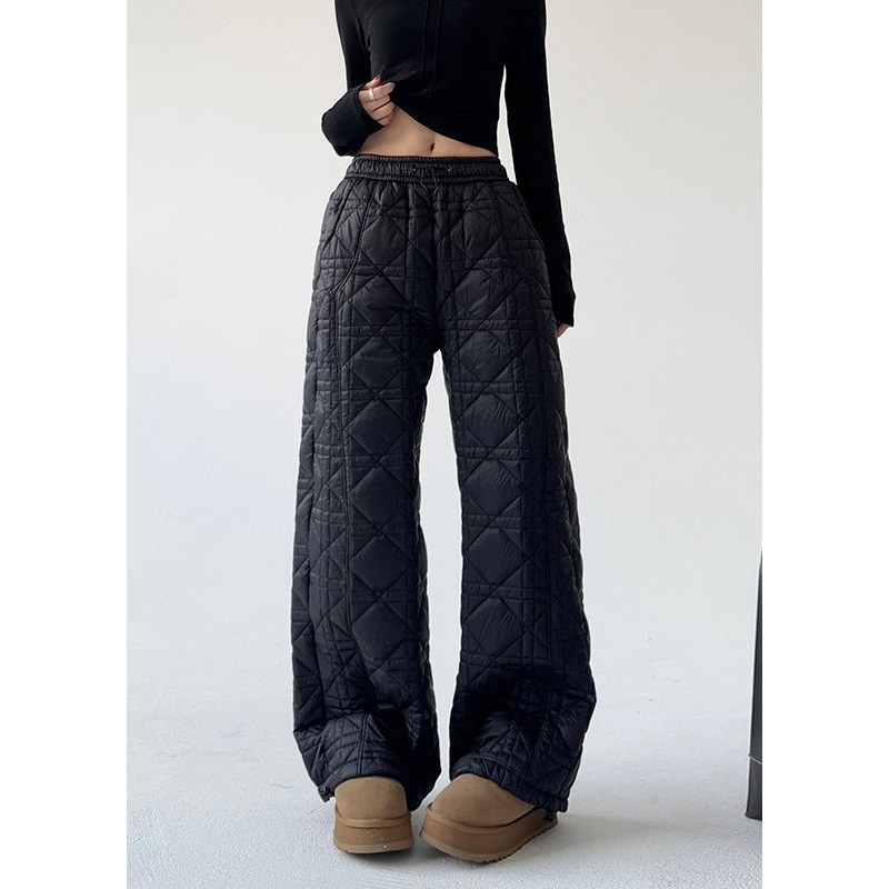 DIY Black Elastic Waist Plaid Fine Cotton Filled Pants Spring