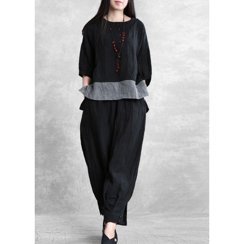diy Black Retro Patchwork Fall Two Pieces Set Three Quarter Sleeve