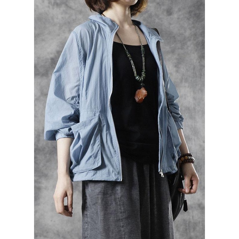 diy Blue Stand Collar Zippered Fall Long Sleeve Top