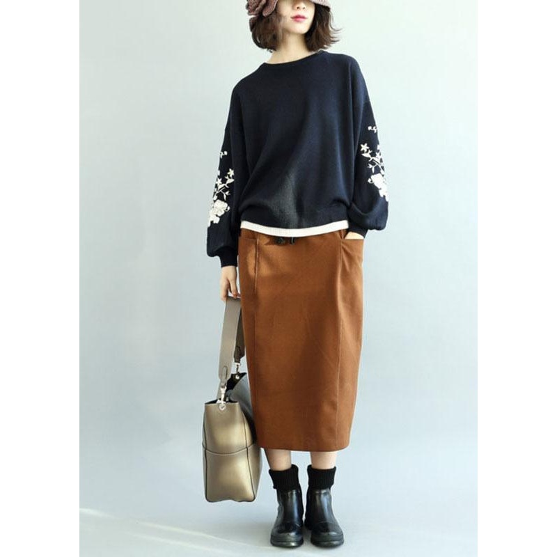 DIY Navy O-Neck Sequins Embroideried Fall Knit Sweaters