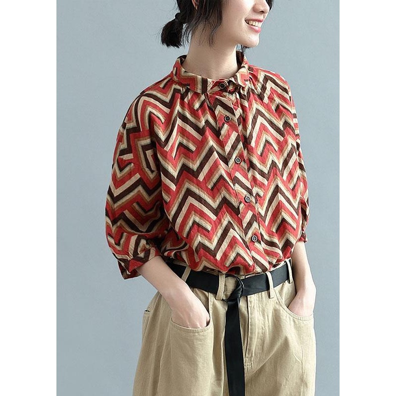 diy Red Print Button Fall Shirt Top Three Quarter Sleeve