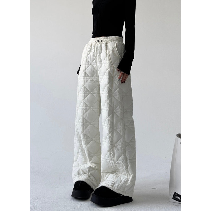 DIY White Plaid Fine Cotton Filled Straight Pants Spring