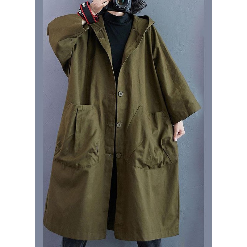 Elegant Army Green Pockets Button Fall Hooded Long sleeve Trench Coats