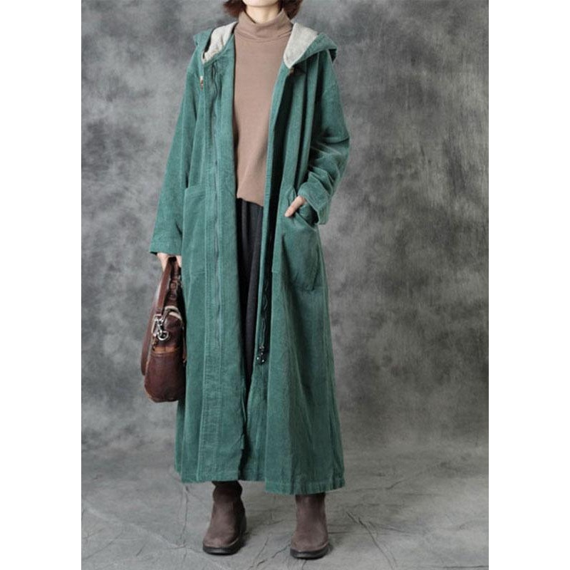 Elegant Green Pockets Hooded Zippered Button Fall Hoodies Outwear Long Sleeve