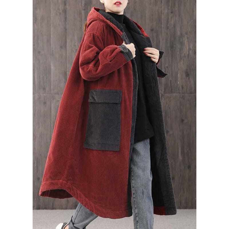 Elegant Red hooded Pockets Button Winter Coat Long sleeve