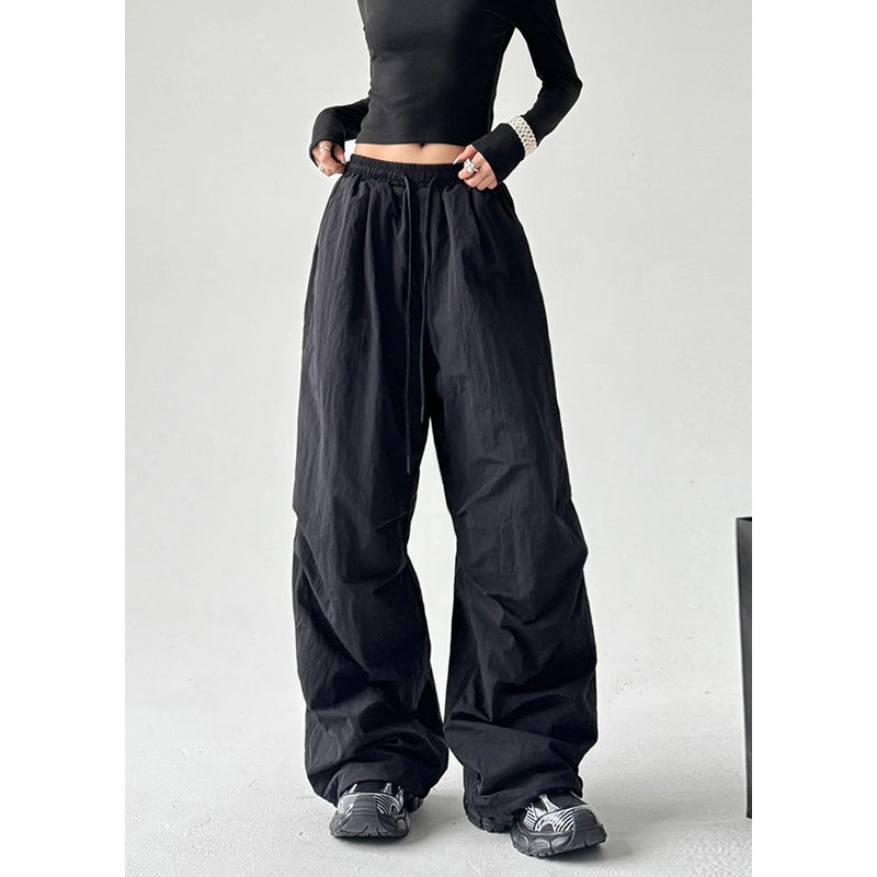 Fashion Black Oversized Elastic Waist Cotton Pants Spring