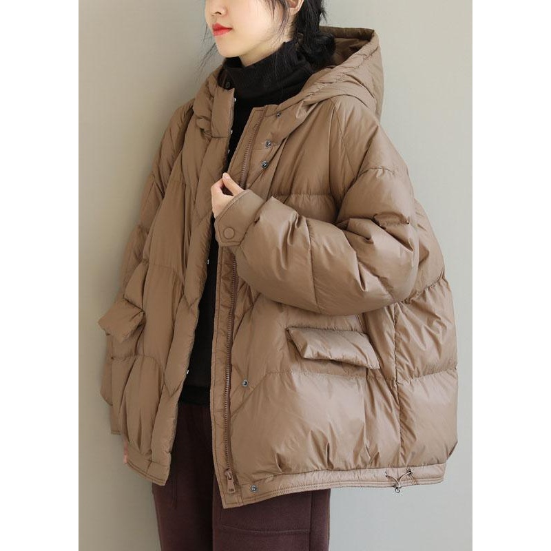 Fashion Khaki Hooded Zippered Pockets Winter Down Coat Long sleeve