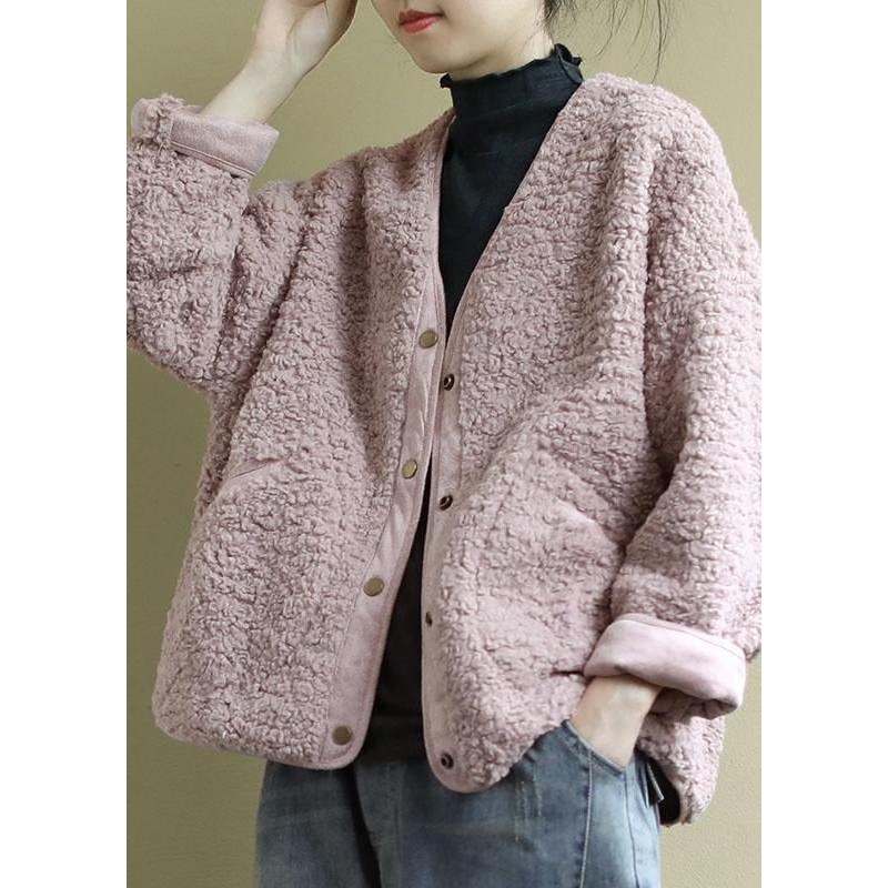 Fashion Pink Pockets Button Casual Fall Winter Thick Coats Long sleeve