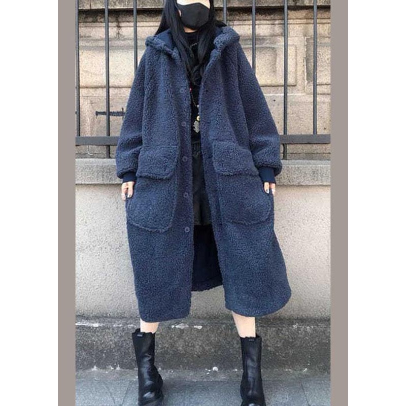 Fine Blue hooded Loose Casual Winter Long sleeve Trench Coats