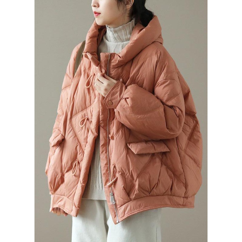 Fitted Orange Hooded zippered Pockets Winter Down Coats Long sleeve
