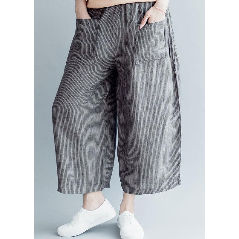 Grey Striped Pockets Wide Leg Fall Casual Pants