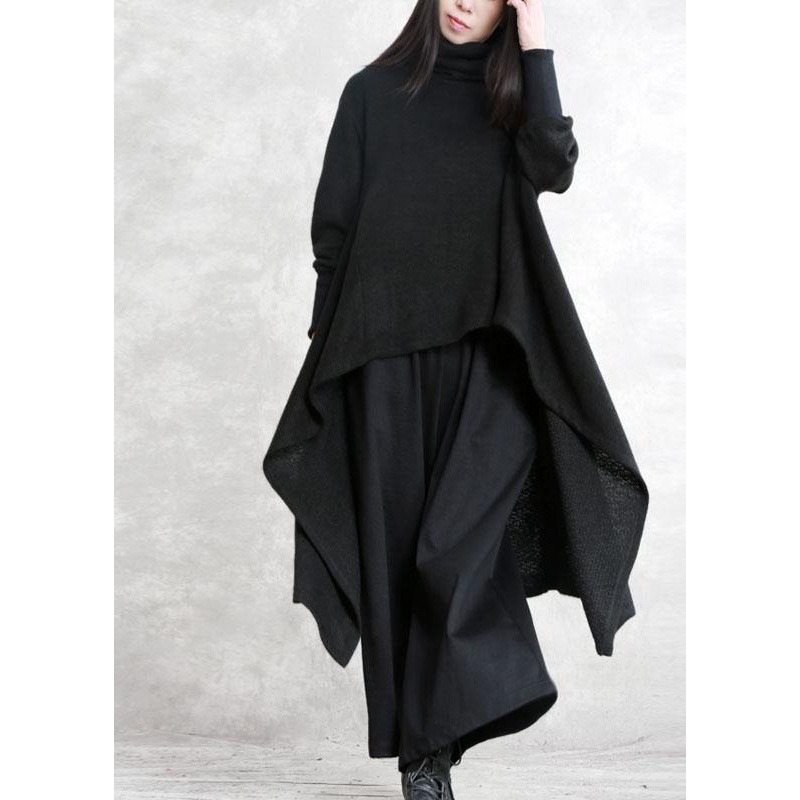Italian Black Turtleneck Pockets Fall Asymmetrical Design Knit Sweater