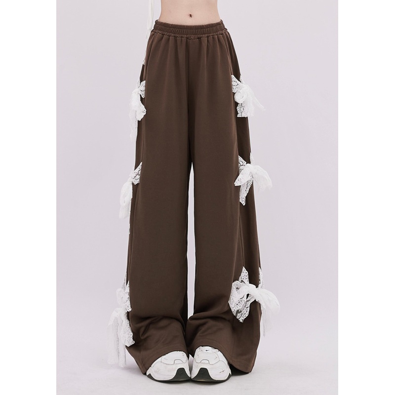 Italian Brown Patchwork Bow Cotton Wide Leg Pants Spring