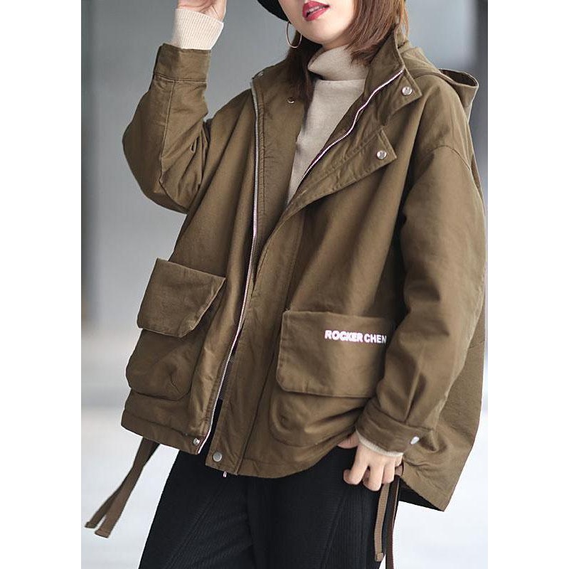 Khaki Hooded Zippered Winter Cotton Long sleeve Coat