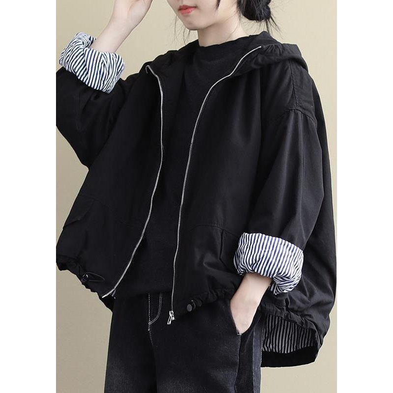 Luxury Black Hooded Zippered Winter Cotton Long sleeve Coat