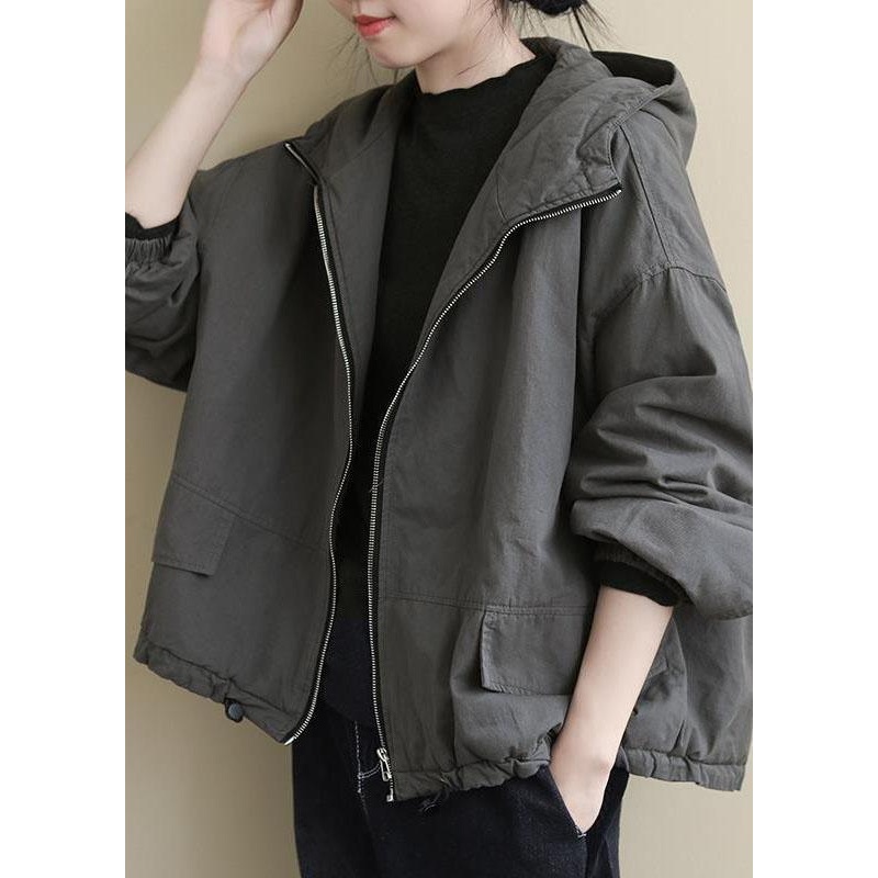 Luxury Grey hooded Loose drawstring Winter Cotton Coats Long sleeve