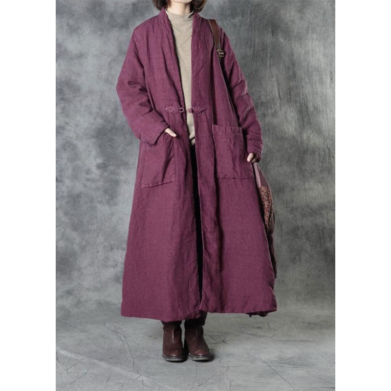 Luxury Purple Linen Button Pockets Winter Cotton Parka Long Sleeve