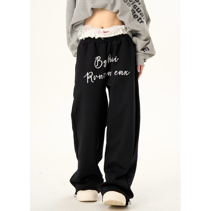 Modern Black Letter Print Cotton Straight Pants Spring