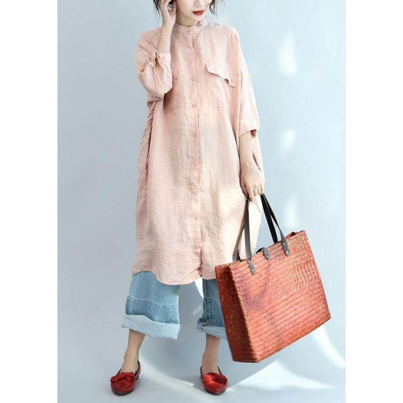 Modern Pink Asymmetrical Design Pockets Button Fall Three Quarter Sleeve Blouse Tops