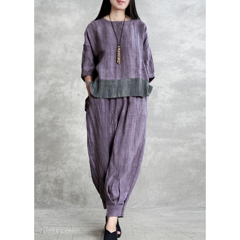 Modern Purple Button Patchwork Fall low high Design Half Sleeve Two Pieces Set