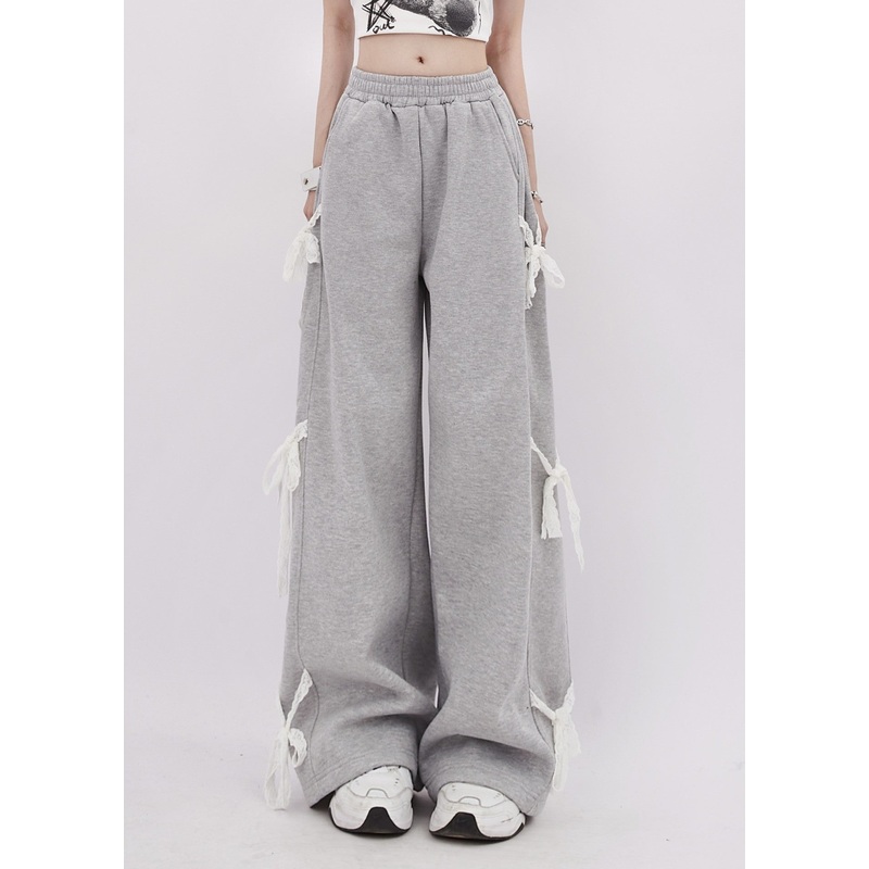 Organic Grey Oversized Patchwork Lace Straight Pants Spring