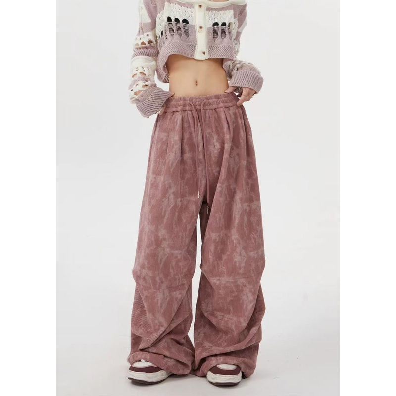 Organic Pink Oversized Print Corduroy Pants Trousers Spring