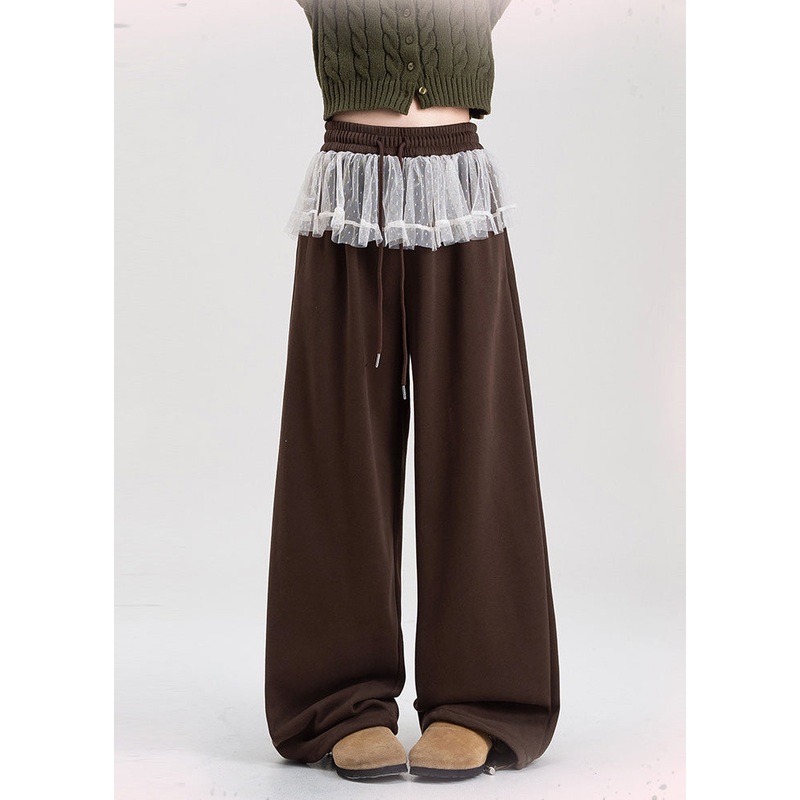 Plus Size Brown Oversized Patchwork Lace Warm Fleece Pants Spring