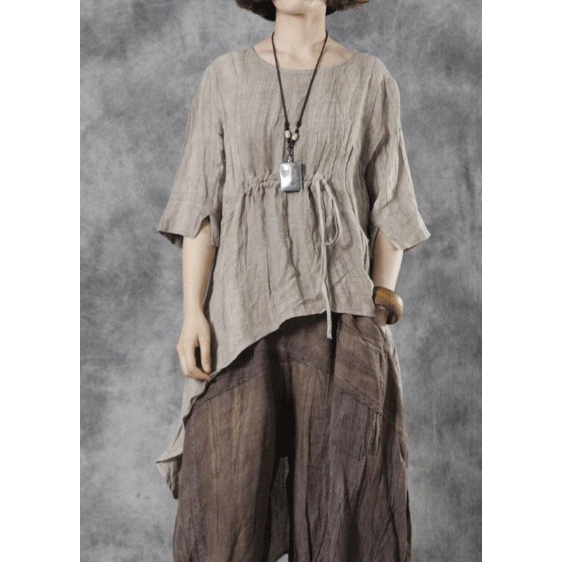 Plus Size Khaki O-Neck Asymmetrical Design Fall Half Sleeve Tops