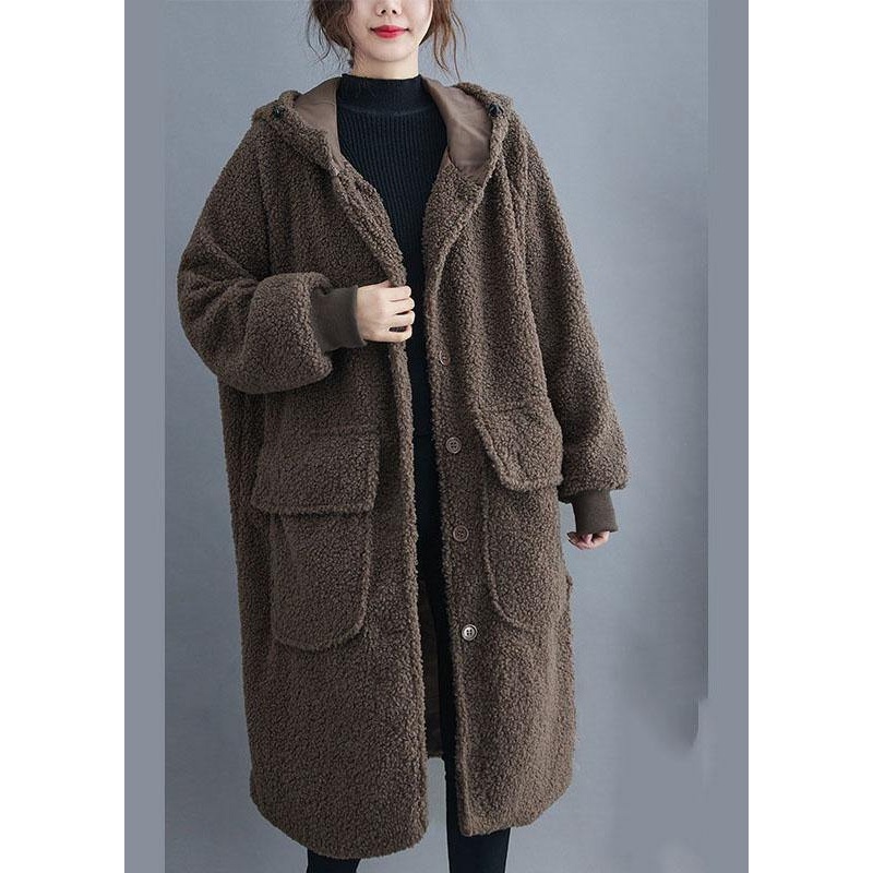 Simple Khaki hooded Pockets Button Winter Long sleeve parka
