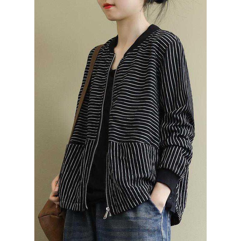 Street Black Striped zippered Pockets Fall Jacket Long sleeve