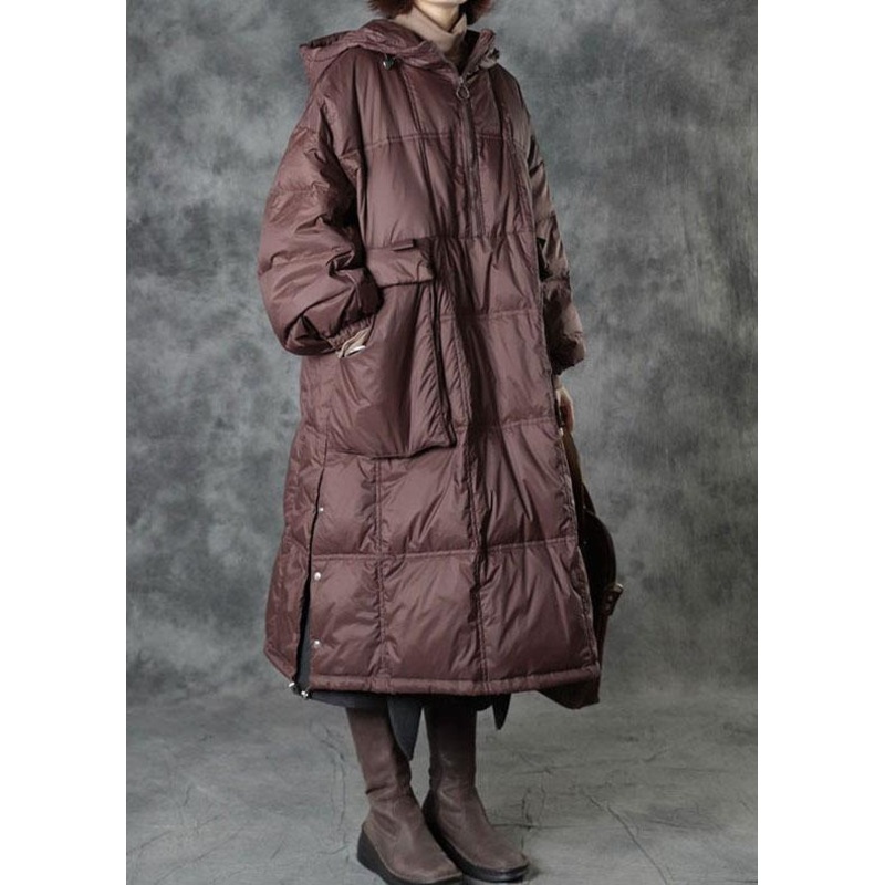 Street Chocolate Hooded Pockets Button Winter Zippered Duck Down Winter Coats Long Sleeve
