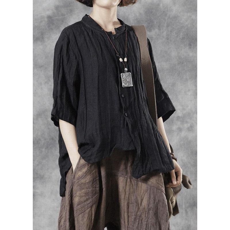 Style Black Button Stand Collar Asymmetrical Design Fall Half Sleeve Blouse Top
