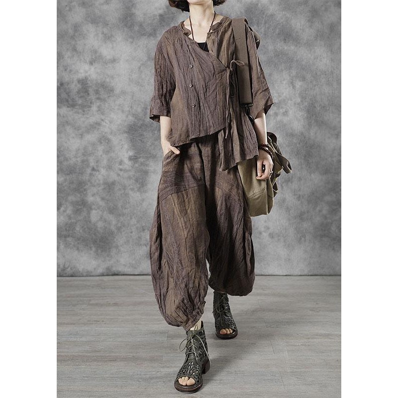Style Chocolate Stand Button Asymmetrical Design Linen Fall Half Sleeve Two Pieces Set
