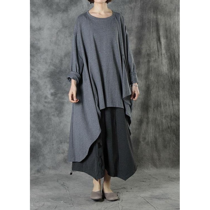 Style Grey low High Design Button Fall Long Sleeve Shirt Tops