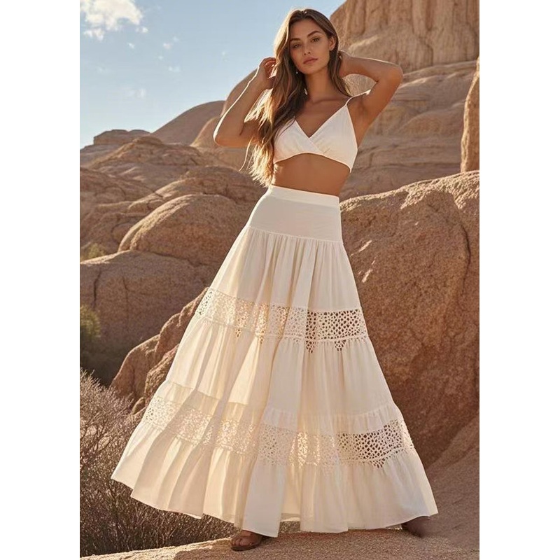 Style White Hollow Out Patchwork Cotton Holiday Skirts Spring