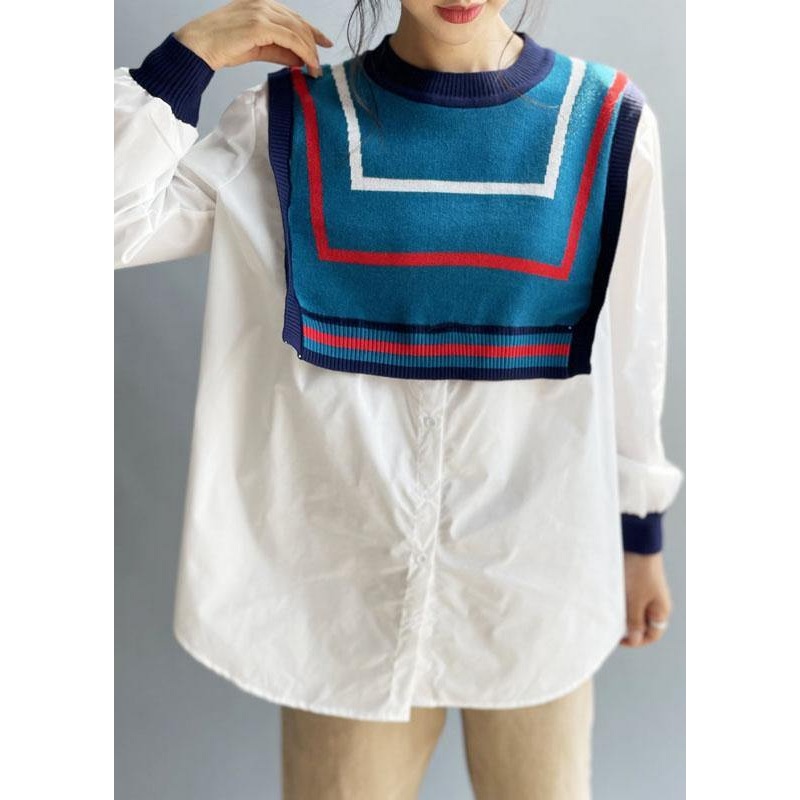 Style White Patchwork Knit Button Fall Tops Long sleeve