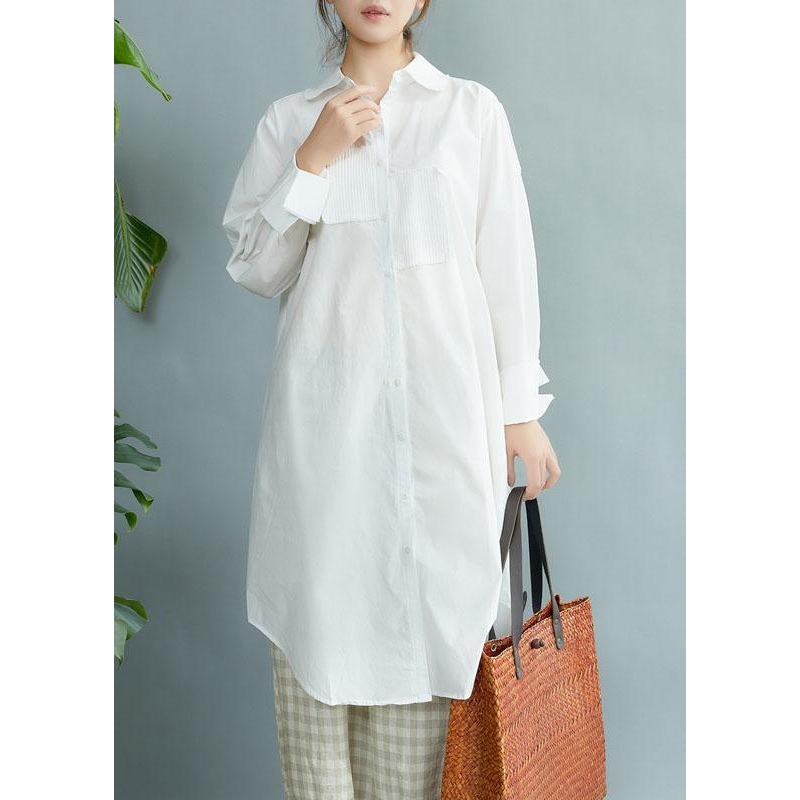 Style White PeterPan Collar Pockets Button Fall Asymmetrical Design Shirt Tops Long Sleeve