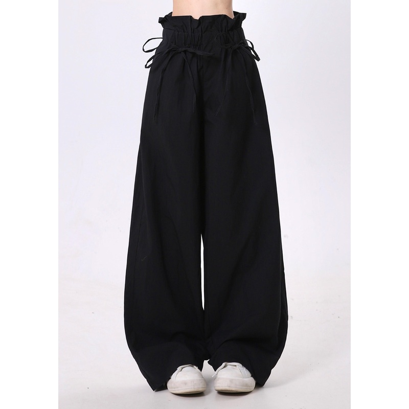 Stylish Black Elastic Waist Cotton Pants Spring