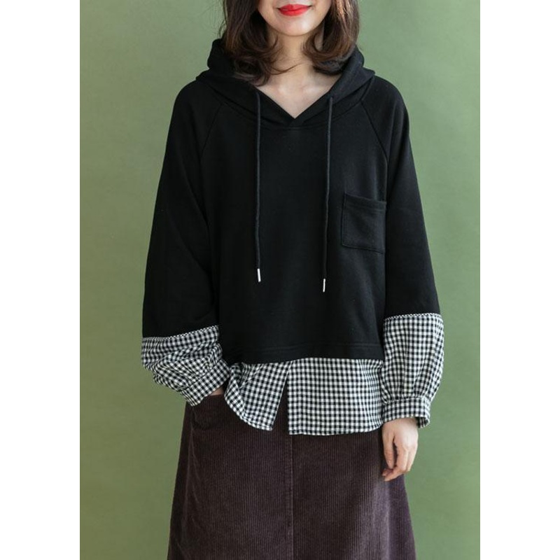 Stylish Black Patchwork Plaid Pockets Fall Loose Pullover Street Wear