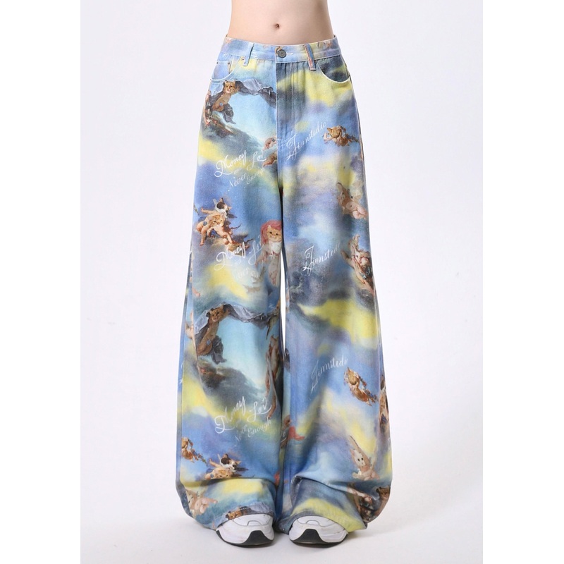 Stylish Blue Tie Dye Print Cotton Straight Pants Spring