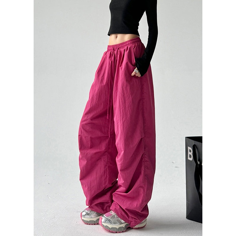 Stylish Rose Elastic Waist Wrinkled Cotton Pants Spring