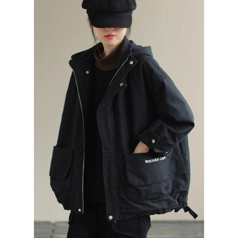 Unique Black Hooded Pockets Winter Cotton Coat Long sleeve