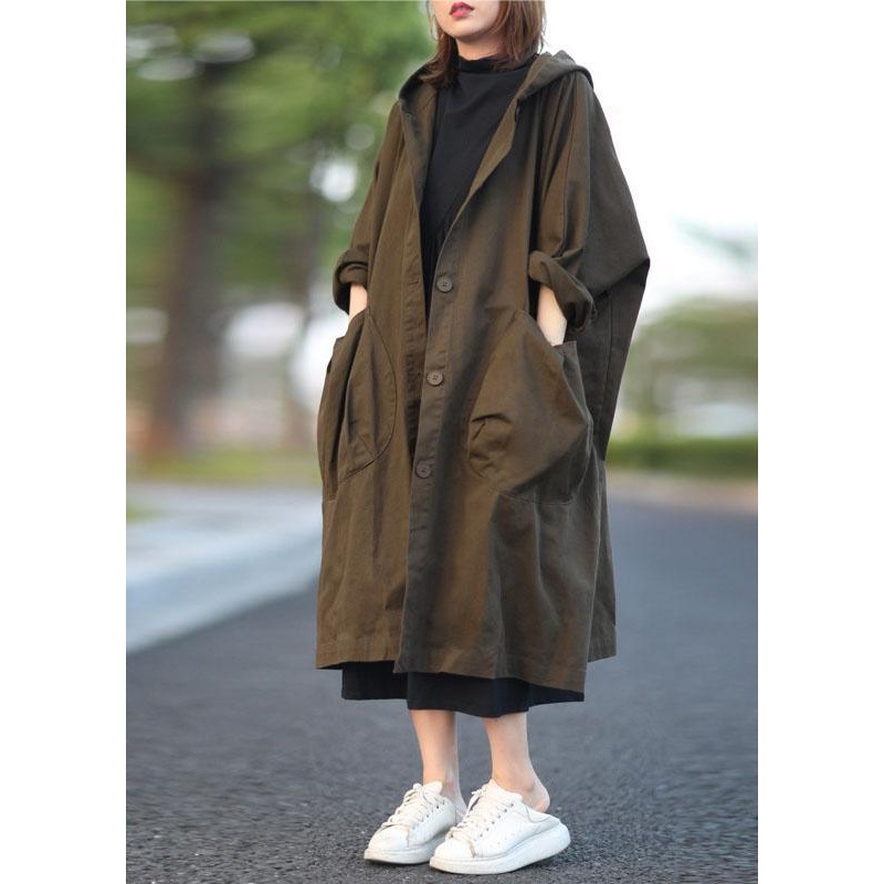 Unique Green Button Pockets Patchwork Fall Hoodies Outwear Long sleeve