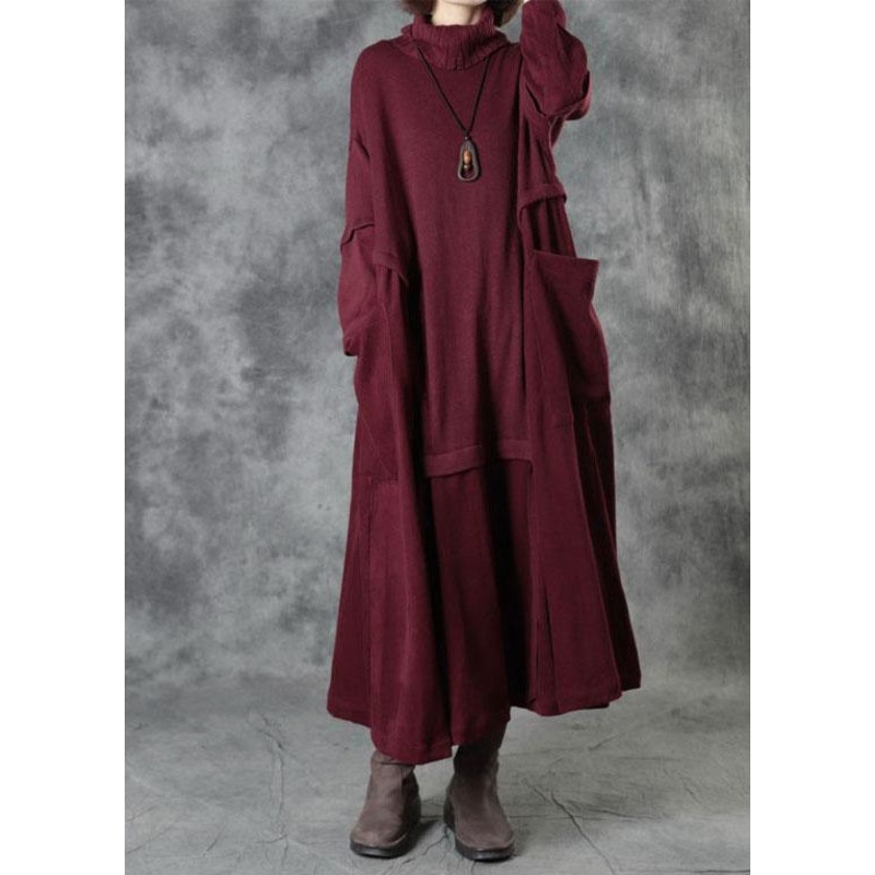 Vintage Red Turtleneck Patchwork Winter Knitted Dress