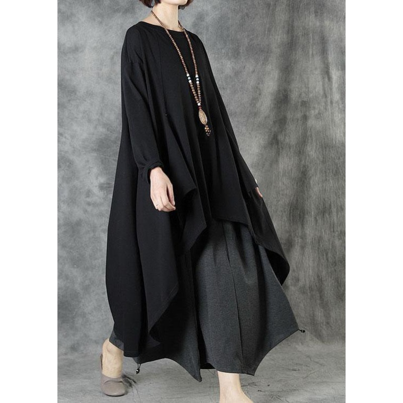 Women Black O-Neck Asymmetrical Design Fall Top Long Sleeve