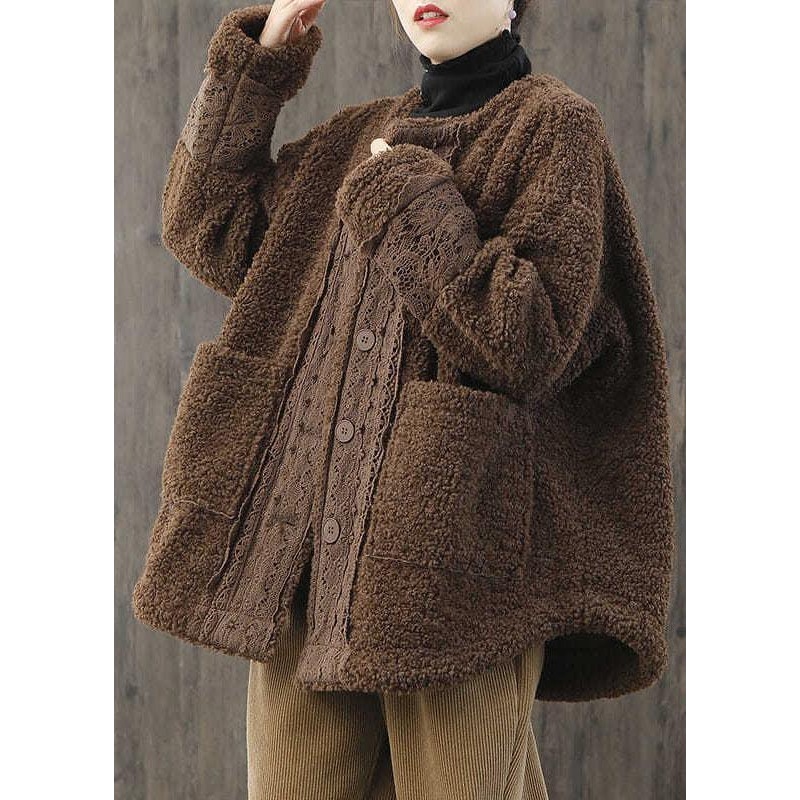 Women Khaki O-Neck Button Casual Fall Winter Thick Long sleeve Coat