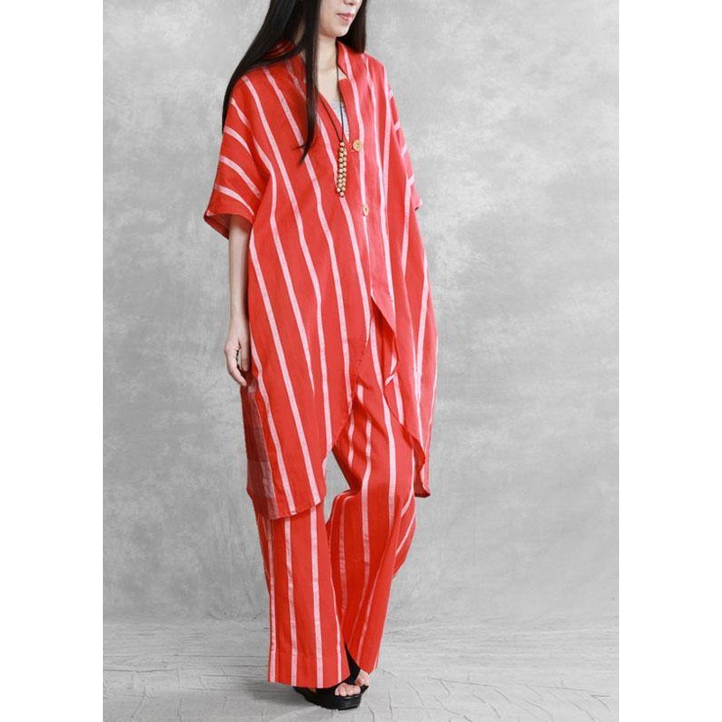 Women Red Striped Patchwork Fall Women Sets 2 Pieces Half Sleeve